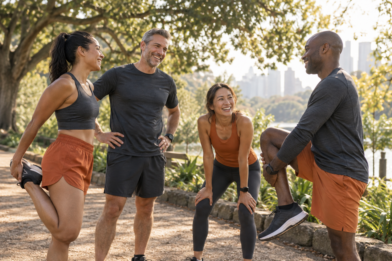A group of people stretching together outdoors