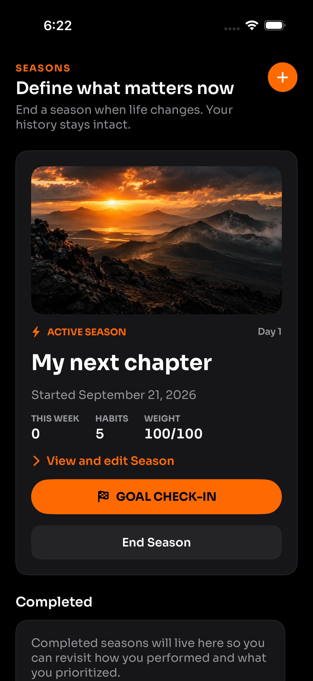 YUITION Seasons screen with a goal, habit plan and progress check-in